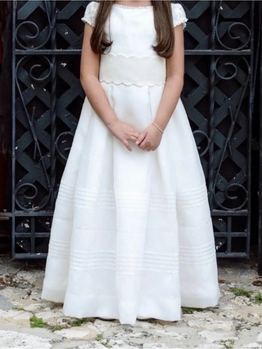 Marta y Paula Girls' White Satin Communion Dress with Lace Cap Sleeves